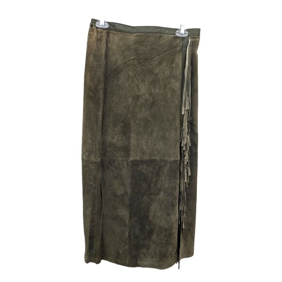 Vintage Linea by Louis Dell'Olio Olive Green Long Suede Leather Fringed Skirt M